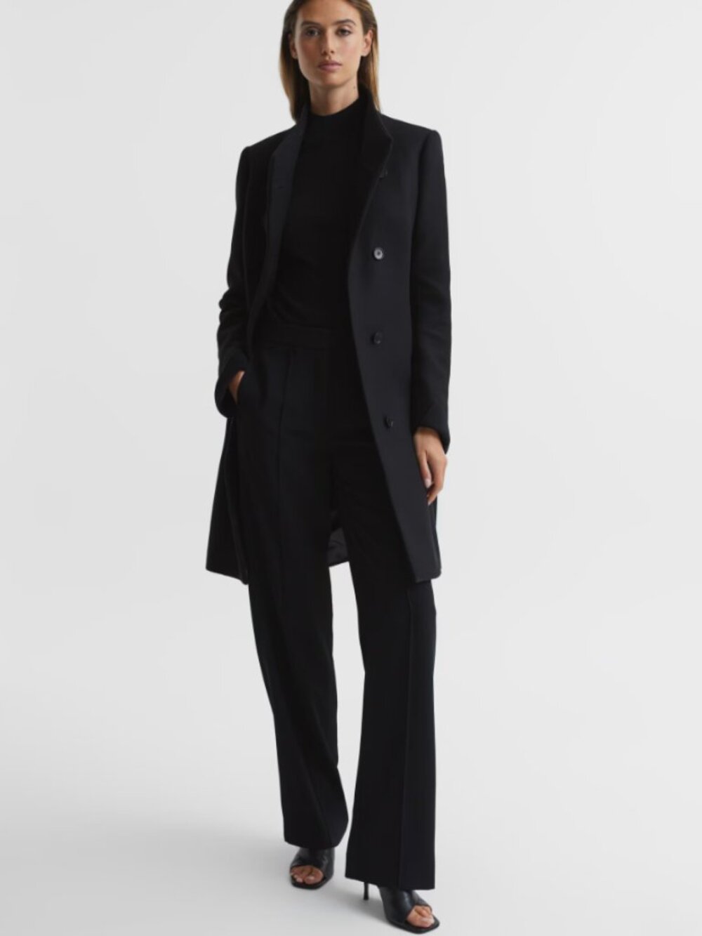 Brand New Reiss Mia Wool-Blend Wrapover Mid-Length Coat in Black Size US 6/UK 10